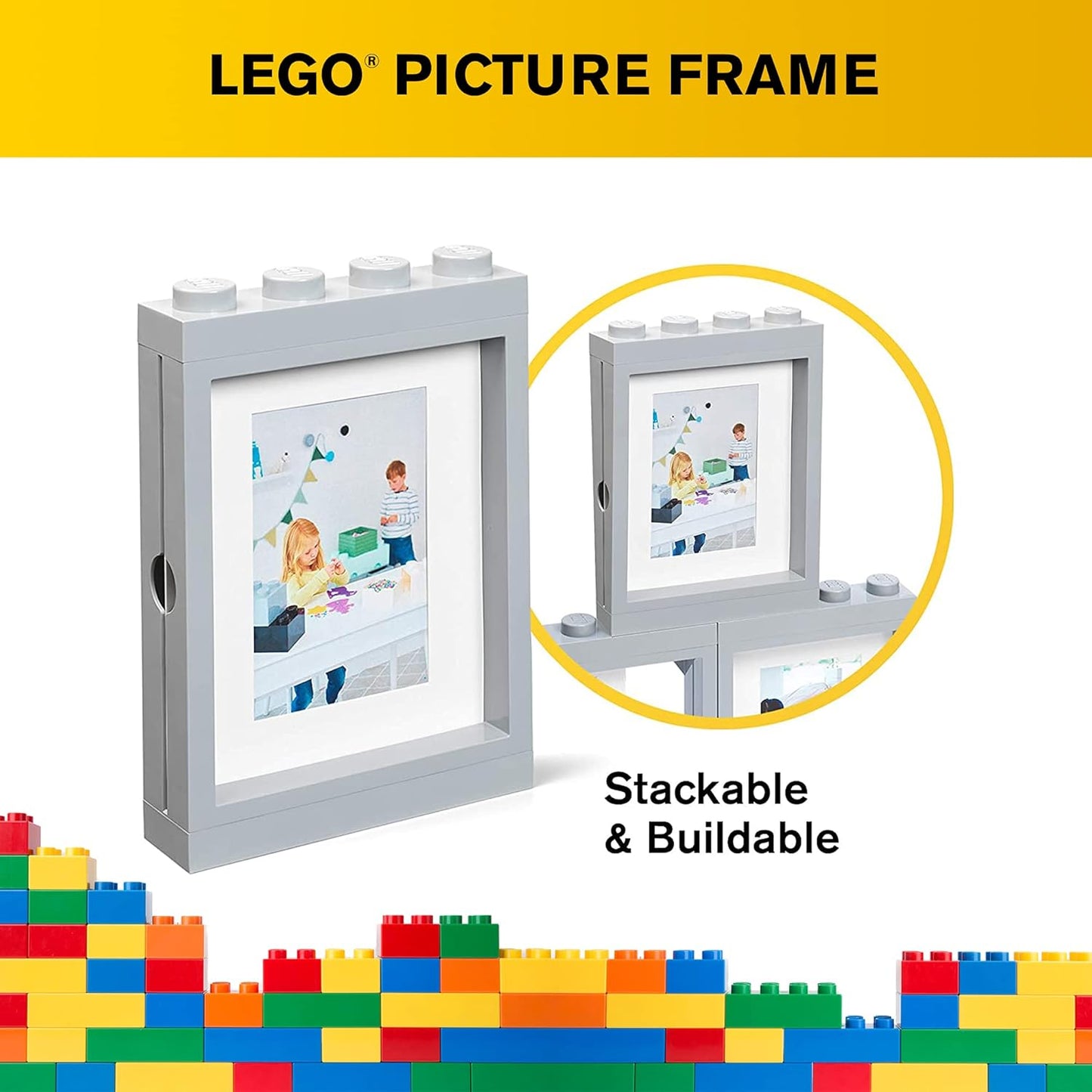 Lego Picture Frame - Stackable, Tabletop or Wall Display Photo Frame, Fits 5 X 7 in Photos, Grey