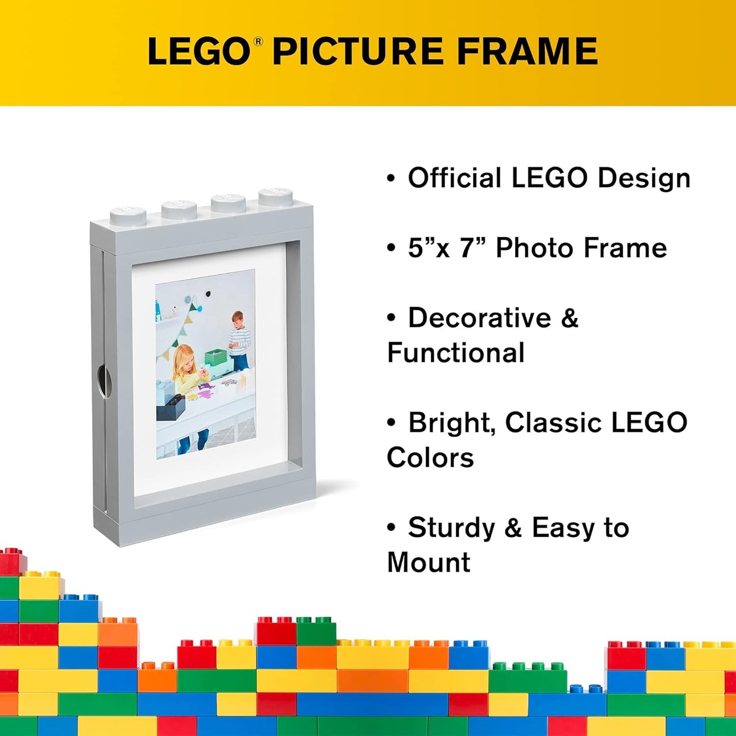 Lego Picture Frame - Stackable, Tabletop or Wall Display Photo Frame, Fits 5 X 7 in Photos, Grey